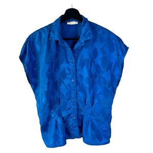 Vintage 90s Blue Satin Embossed Floral Print Button Up Wide Sleeve Top Large